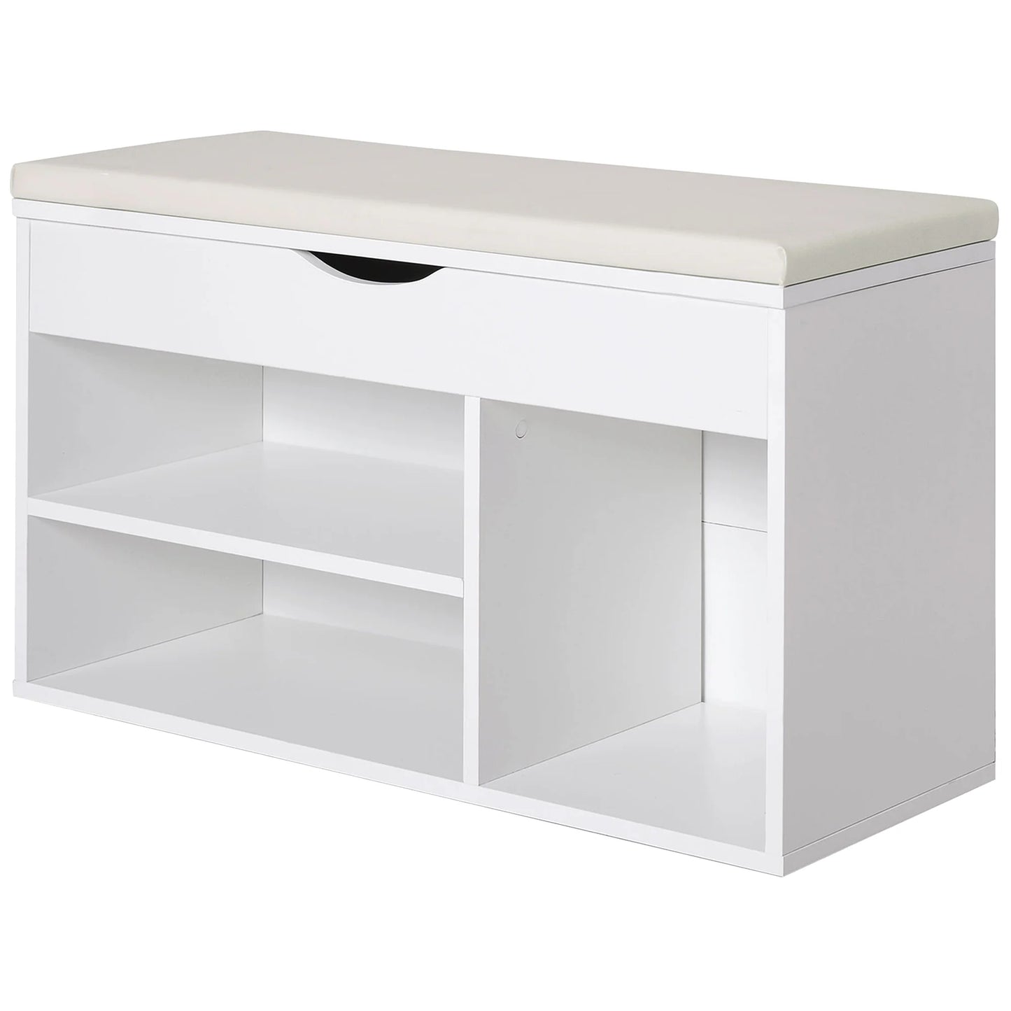 HOMCOM Schuhbank mit Sitzplatz – Moderne Schuhaufbewahrung für den Eingangsbereich mit Schublade, offenen Regalen und 1 Kissen für Flur 80x30x47cm