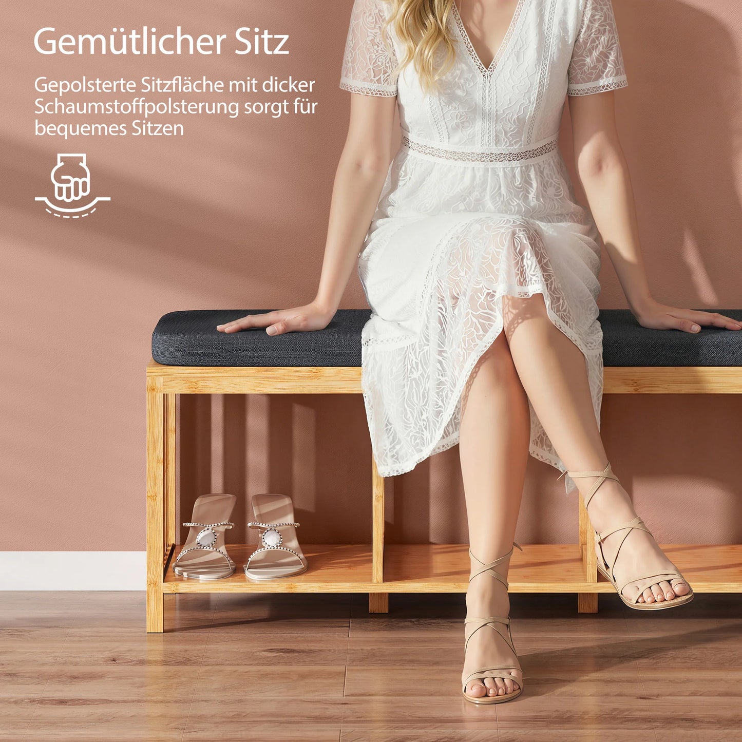 HOMCOM Bambus-Schuhbank mit gepolstertem Sitz und offener Ablage für Flur & Eingangsbereich, 102 x 33 x 45 cm, Naturholz