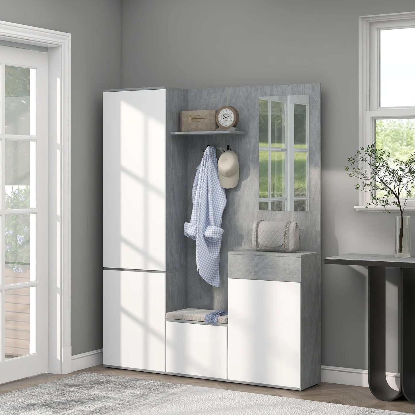 HOMCOM 4-in-1 Garderobenständer mit Spiegel, Haken und verstellbaren Innenregalen, Multitasking Holz-Garderobenmöbel mit Schublade, 145x29x184 cm, Grau und Weiß