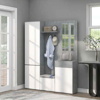 HOMCOM 4-in-1 Garderobenständer mit Spiegel, Haken und verstellbaren Innenregalen, Multitasking Holz-Garderobenmöbel mit Schublade, 145x29x184 cm, Grau und Weiß