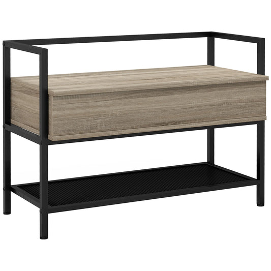 HOMCOM Schuhbank mit Klappdeckel und verstecktem Fach sowie unterer Gitterablage für 4 Paar Schuhe für Flur und Wohnzimmer 84x39,5x61 cm Eiche
