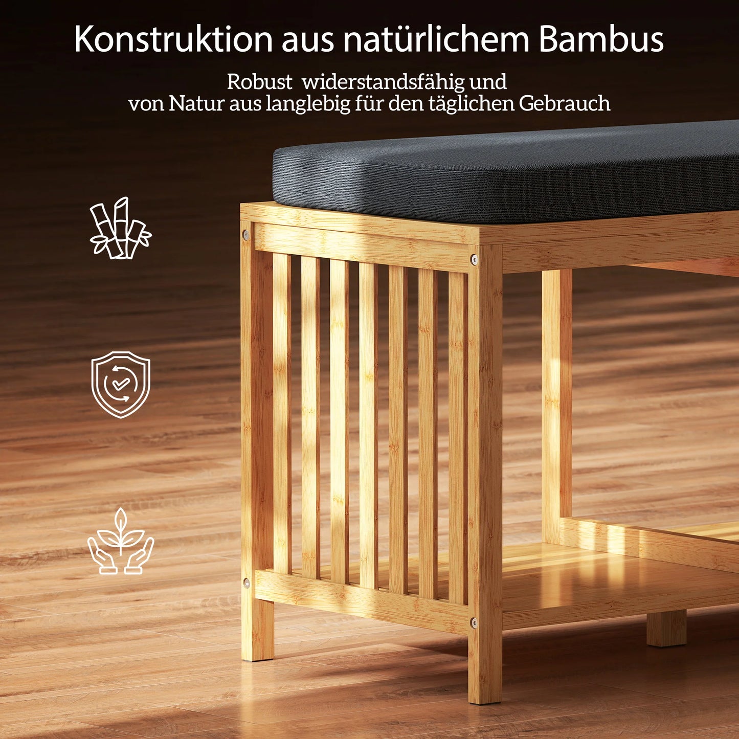 HOMCOM Bambus-Schuhbank mit gepolstertem Sitz und offener Ablage für Flur & Eingangsbereich, 102 x 33 x 45 cm, Naturholz