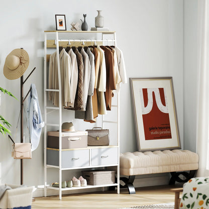 HOMCOM Garderobe mit Schuhregal – Eingangsbereich Garderobe mit Schuhregal, 8 Haken, 2 Stoffschubladen, Maschenregal im industriellen Stil für hängende Kleidung – Flur, Schlafzimmer, Wohnzimmer 80x30x180,5 cm Natur