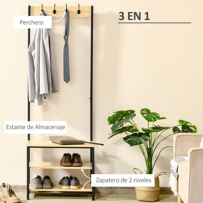 HOMCOM Garderobenständer mit Bank und Metall Schuhregal mit 3 Regalen und 4 Haken zum Aufhängen von Kleidung für Flur/Diele 60x40x175 cm Schwarz und Natur
