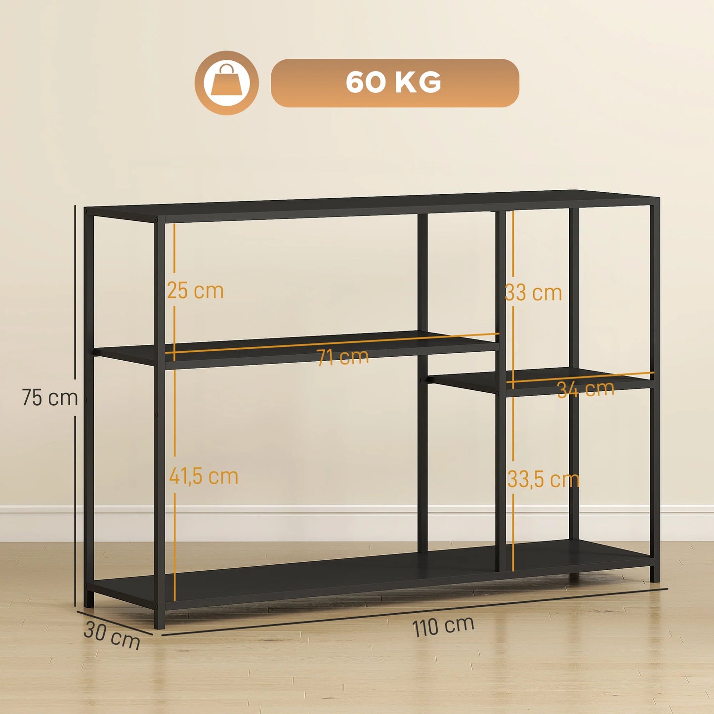 HOMCOM Konsolentisch Flurtisch mit 4 Regalen, Seitentisch mit Stahlrahmen, Metallregal für kleine Räume, Eingangsbereich, Flur, Wohnzimmer, 110 x 30 x 75 cm Schwarz