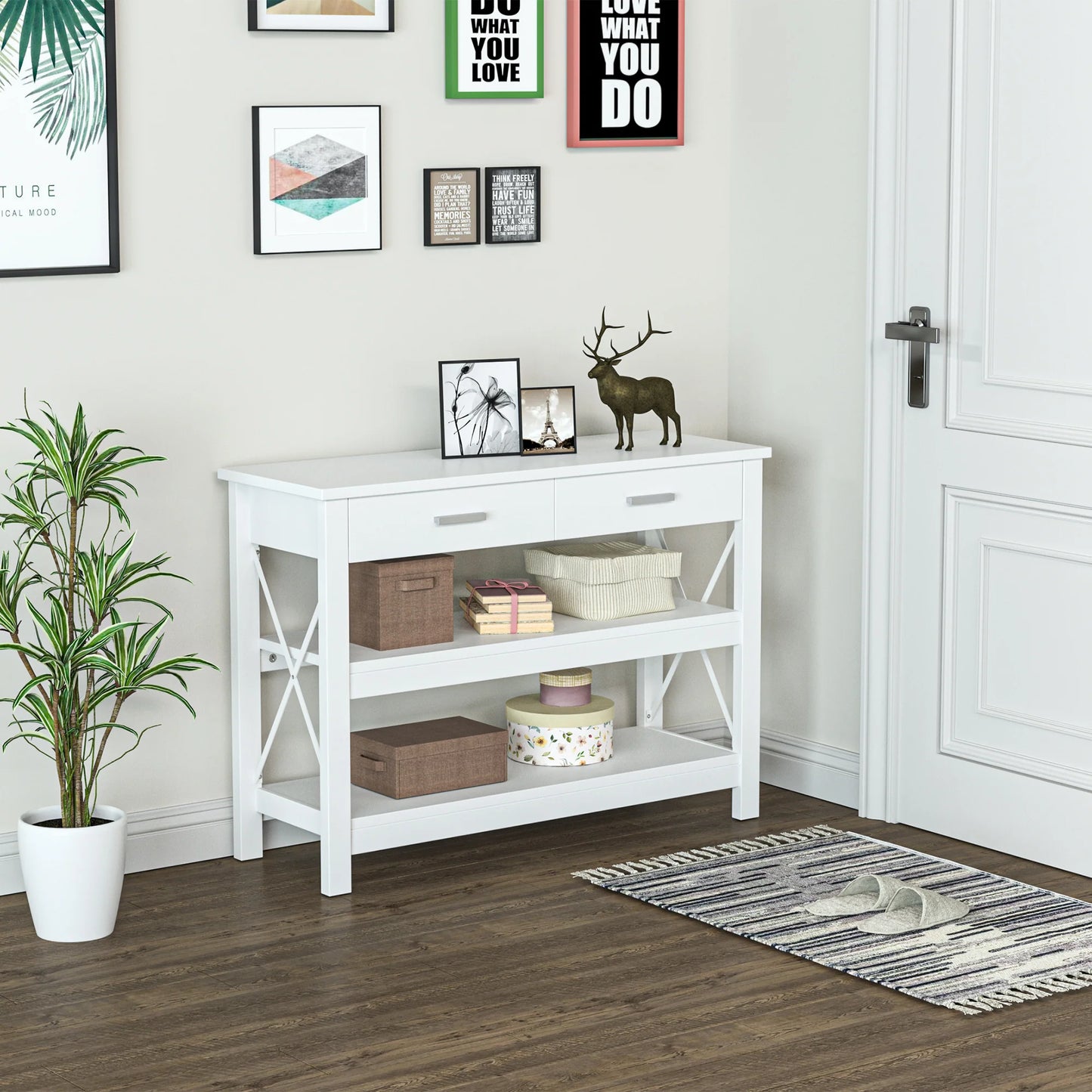 HOMCOM Konsolentisch Flurtisch mit 2 Schubladen und unteren Regalen Moderner Stil Metallrahmen 105x40x76 cm Weiß