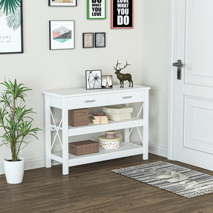 HOMCOM Konsolentisch Flurtisch mit 2 Schubladen und unteren Regalen Moderner Stil Metallrahmen 105x40x76 cm Weiß