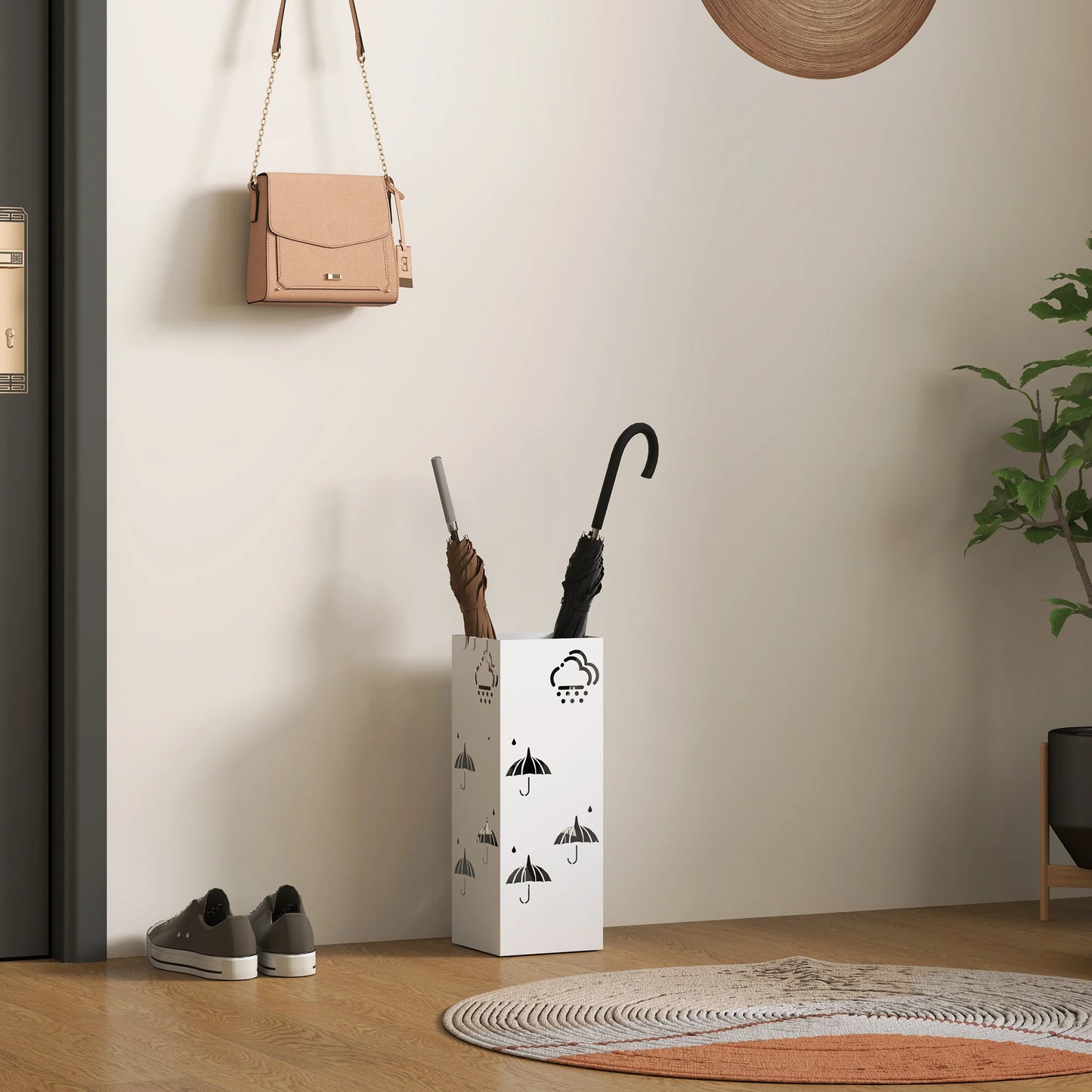 HOMCOM Regenschirmständer aus Stahl mit 4 Haken und abnehmbarem Tropfbehälter – Weißer Regenschirmhalter für Flur und Büro 15,5x15,5x41 cm