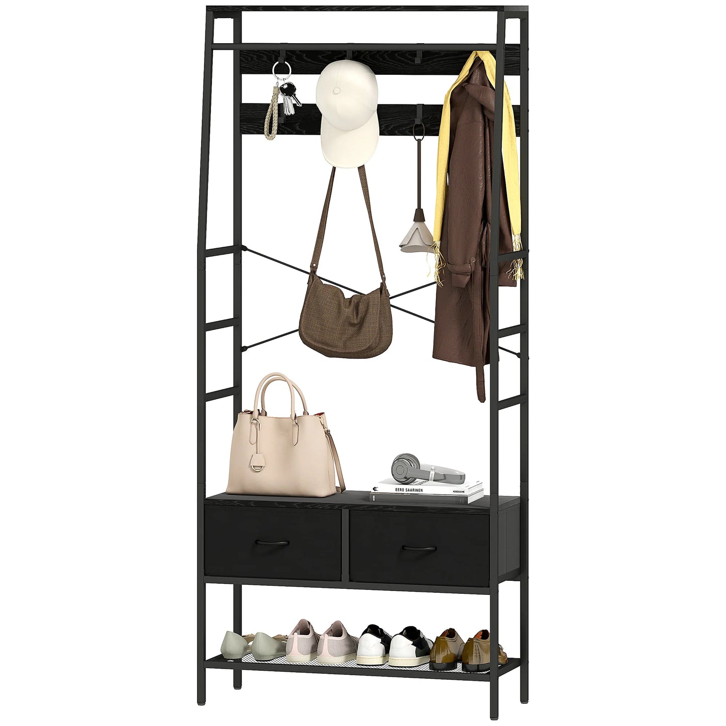 HOMCOM Garderobenständer, Kleiderstange mit Schuhregal, 2 Stoffschubladen, Garderobe mit 8 Haken, Regal, Garderobenständer mit Kippschutz, für Eingangsbereich, Flur, Schlafzimmer, Schwarz