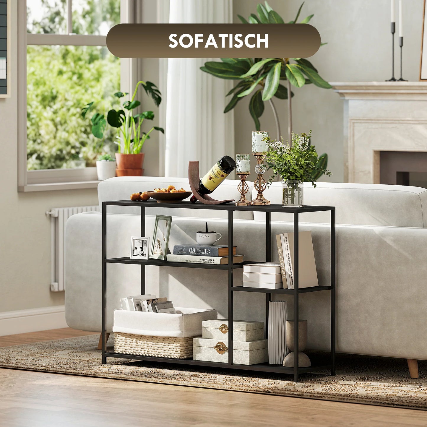 HOMCOM Konsolentisch Flurtisch mit 4 Regalen, Seitentisch mit Stahlrahmen, Metallregal für kleine Räume, Eingangsbereich, Flur, Wohnzimmer, 110 x 30 x 75 cm Schwarz