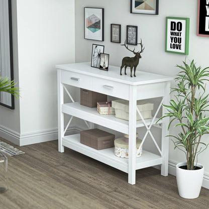 HOMCOM Konsolentisch Flurtisch mit 2 Schubladen und unteren Regalen Moderner Stil Metallrahmen 105x40x76 cm Weiß