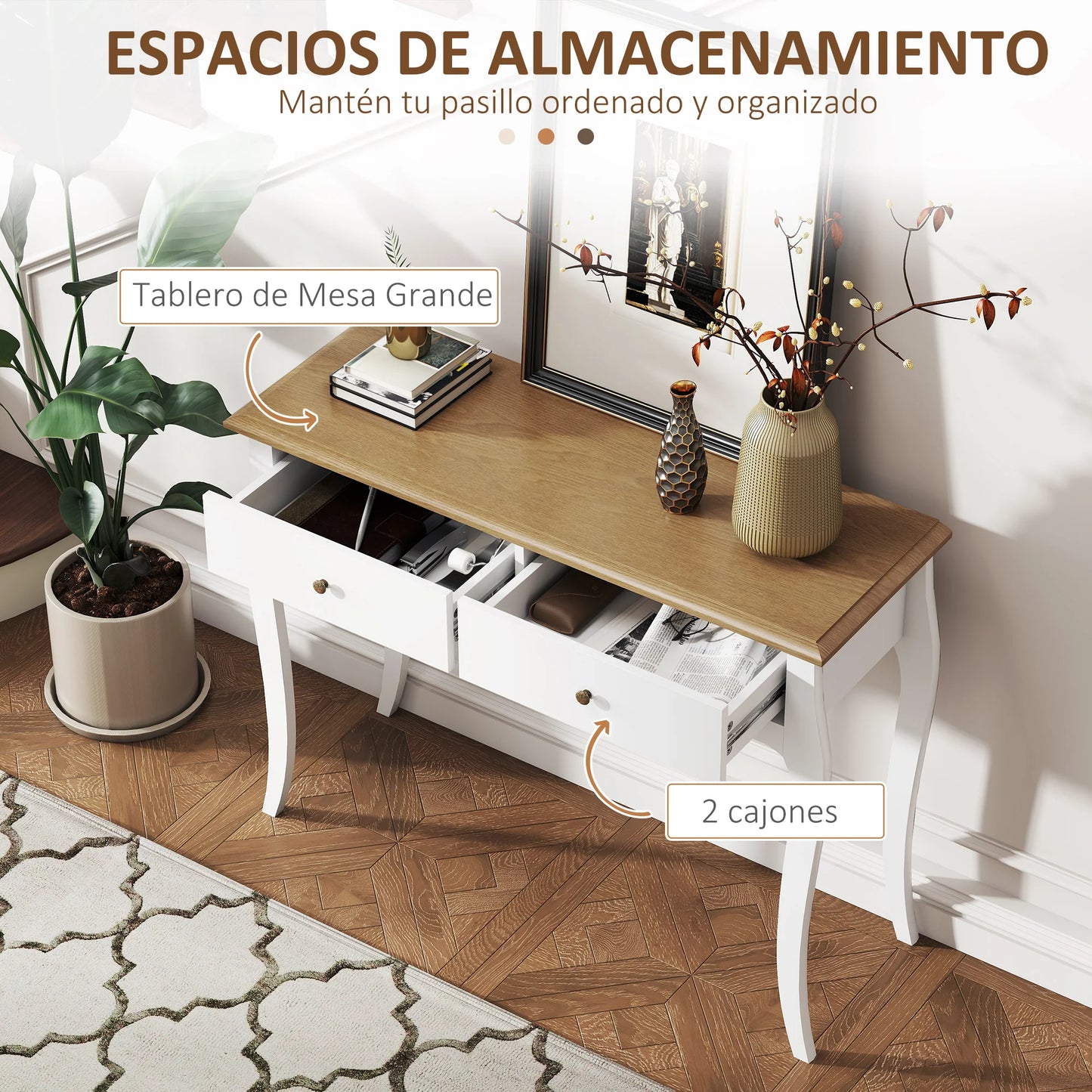 HOMCOM Konsolentisch Flurtisch mit 2 Schubladen im französischen Stil für Flur Schlafzimmer Wohnzimmer 100x35x76,5 cm Weiß und Dunkelbraun