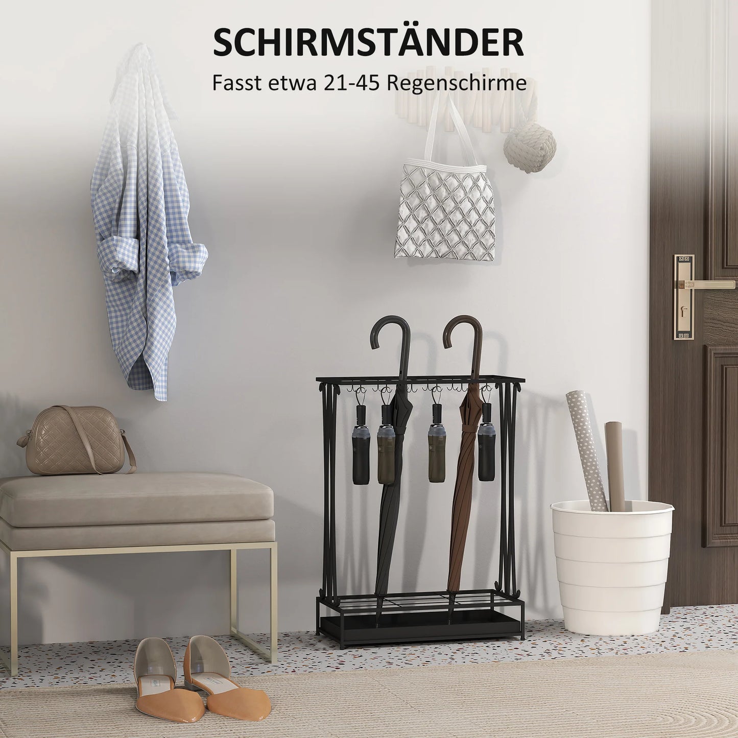 HOMCOM Regenschirmständer aus Stahl Rechteckiger Regenschirmhalter mit 24 Haken, 21 Öffnungen, Abnehmbarer Wassertropfschale für Gehstöcke & Regenschirme 50 x 24 x 68 cm Schwarz