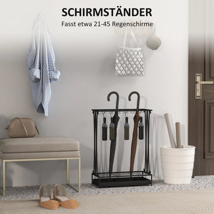 HOMCOM Regenschirmständer aus Stahl Rechteckiger Regenschirmhalter mit 24 Haken, 21 Öffnungen, Abnehmbarer Wassertropfschale für Gehstöcke & Regenschirme 50 x 24 x 68 cm Schwarz