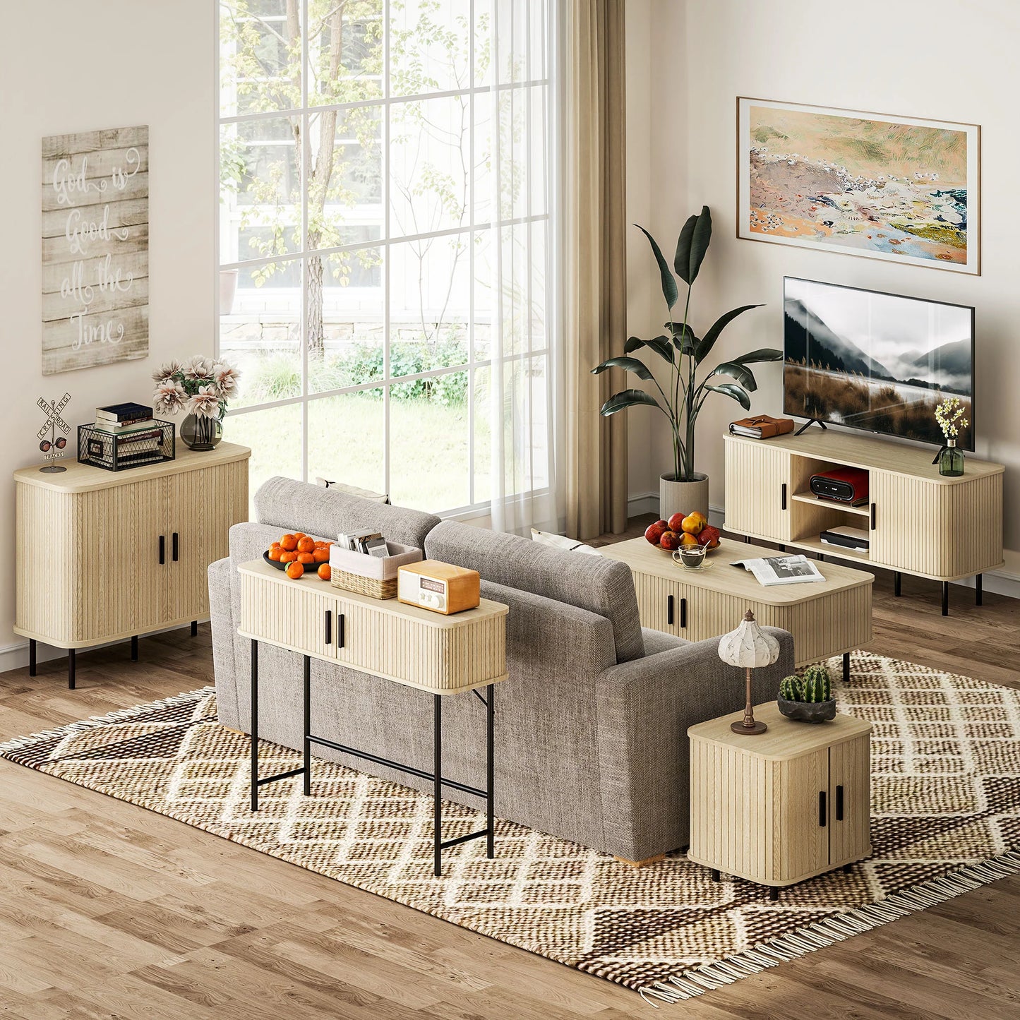 HOMCOM Vintage Konsolentisch Sideboard mit 2 Schiebetüren und Fächern für Flur 100x30x80 cm Eiche