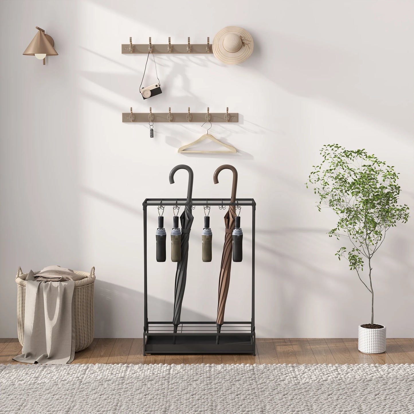 HOMCOM Regenschirmständer aus Stahl Rechteckiger Regenschirmhalter mit 24 Haken, 21 Öffnungen, Abnehmbarer Wassertropfschale für Gehstöcke & Regenschirme 50 x 24 x 68 cm Schwarz