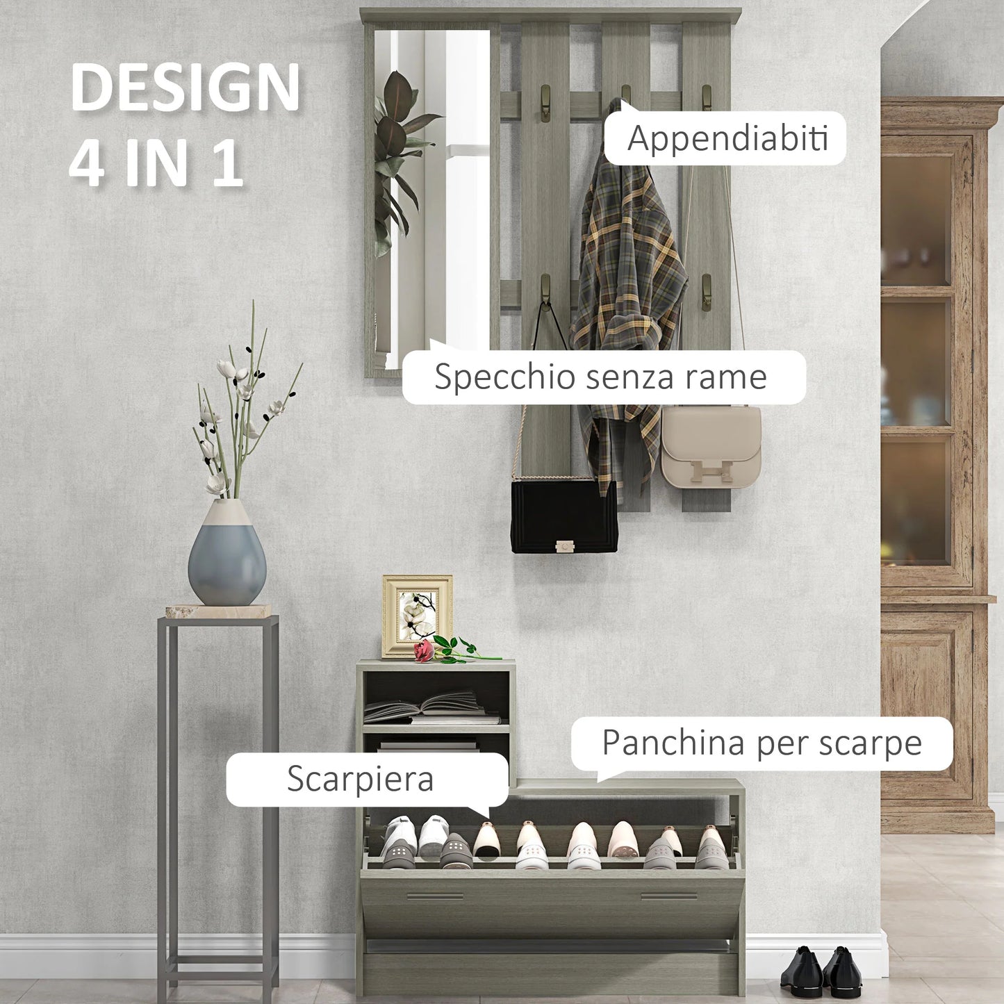 HOMCOM 4-in-1 Flurmöbel Set mit Garderobe, Spiegel, Sitzbank mit Regal und Schuhregal für 8 Paar Schuhe, Grau