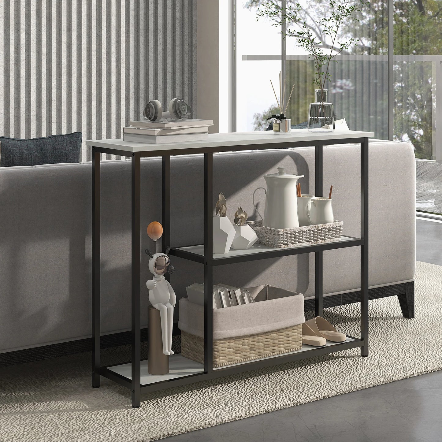 HOMCOM Konsolentisch, Flurtisch mit 3 Regalen, 100 x 30 x 80 cm, Beistelltisch, kleiner Präsentationstisch für schmale Räume, Flur, Diele, Wohnzimmer, Schlafzimmer, Weiß