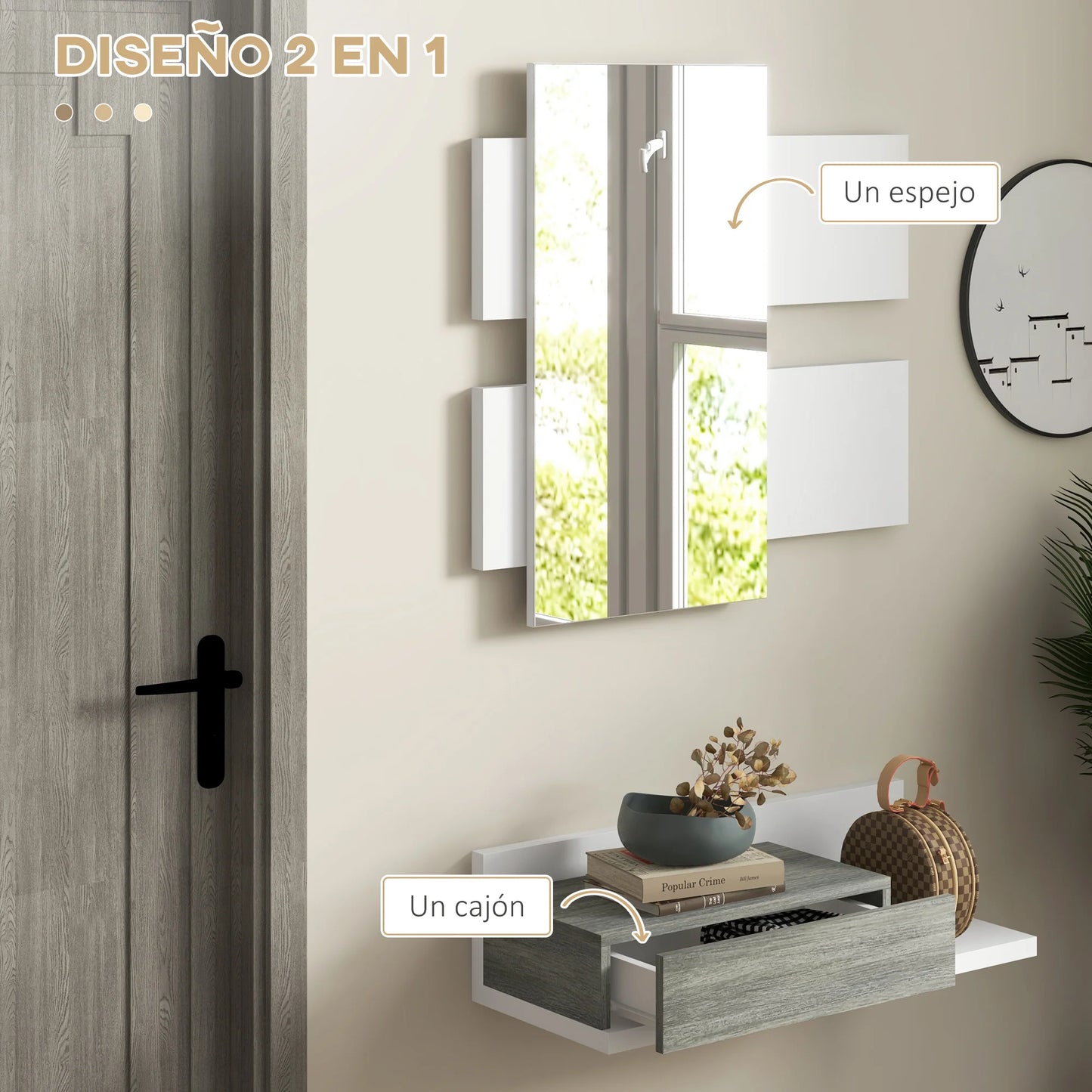 HOMCOM Flureinrichtungsset mit Spiegel und Schublade, Wandmontage, Moderner Stil 75x3,5x75 cm und 75x30,5x20 cm Grau und Weiß