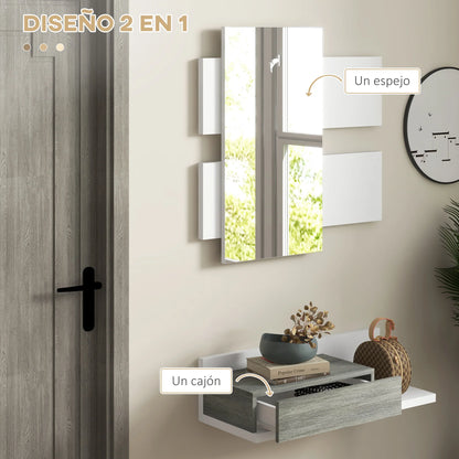 HOMCOM Flureinrichtungsset mit Spiegel und Schublade, Wandmontage, Moderner Stil 75x3,5x75 cm und 75x30,5x20 cm Grau und Weiß