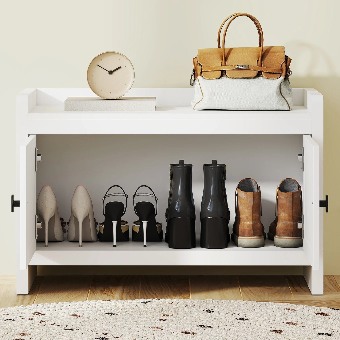 HOMCOM Bohemian Schuhbank mit Rattan-Fronttüren, Abnehmbares Regal für 8 Paar Schuhe für Flur und Schlafzimmer 80x35x52 cm Weiß