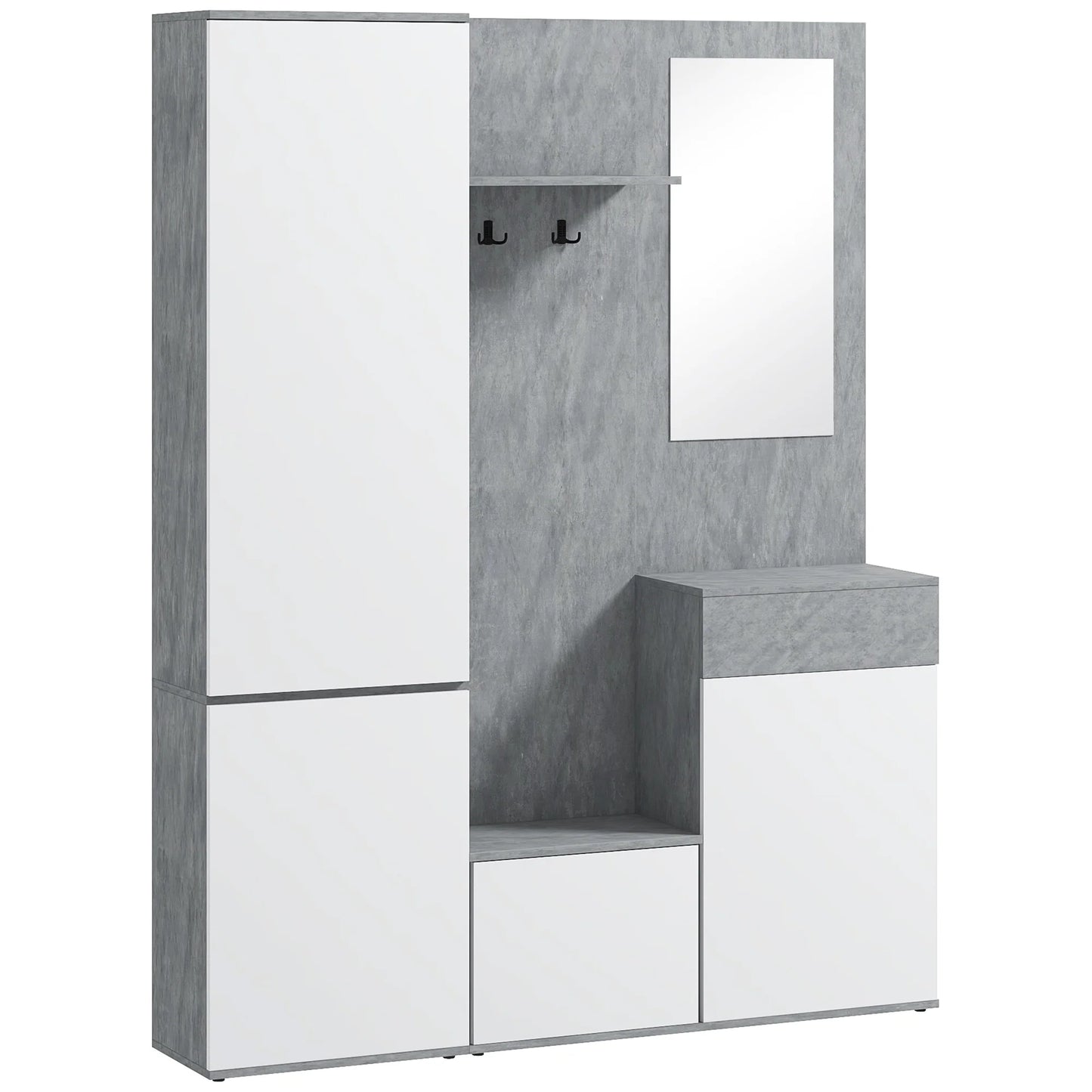 HOMCOM 4-in-1 Garderobenständer mit Spiegel, Haken und verstellbaren Innenregalen, Multitasking Holz-Garderobenmöbel mit Schublade, 145x29x184 cm, Grau und Weiß