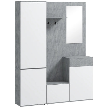HOMCOM 4-in-1 Garderobenständer mit Spiegel, Haken und verstellbaren Innenregalen, Multitasking Holz-Garderobenmöbel mit Schublade, 145x29x184 cm, Grau und Weiß