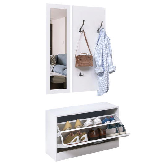 HOMCOM Möbelset für den Eingangsbereich 3-teiliges Schuhschrank-Spiegel-Garderobe mit 4 Haken zum Aufhängen von Kleidung 80x27x46,5 cm Weiß