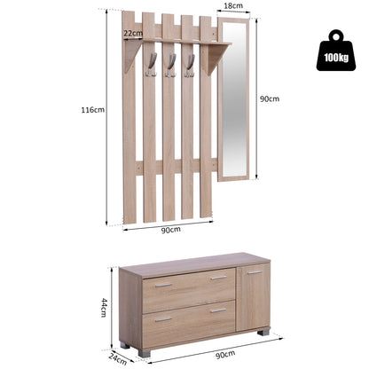 HOMCOM Flurset mit Spiegel, Garderobe und Schuhschrank – Eingangsmöbel mit 3 Haken, Ablage und 2 Schubladen für Flur Eiche