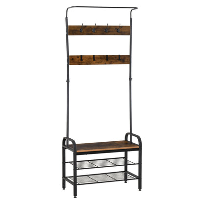 HOMCOM Kleiderständer Schuhregal mit 8 Haken und 2 Ablagen MDF Schwarz 72,8 x 34 x 182 cm
