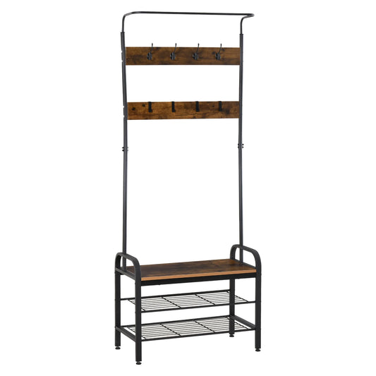HOMCOM Kleiderständer Schuhregal mit 8 Haken und 2 Ablagen MDF Schwarz 72,8 x 34 x 182 cm