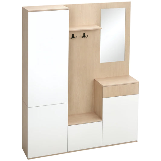 HOMCOM 4-in-1 Garderobenständer mit Spiegel, Haken und verstellbaren Regalen, multifunktionales Möbelstück für den Eingangsbereich aus Holz mit Schublade, 145x29x184 cm, Naturholz und Weiß