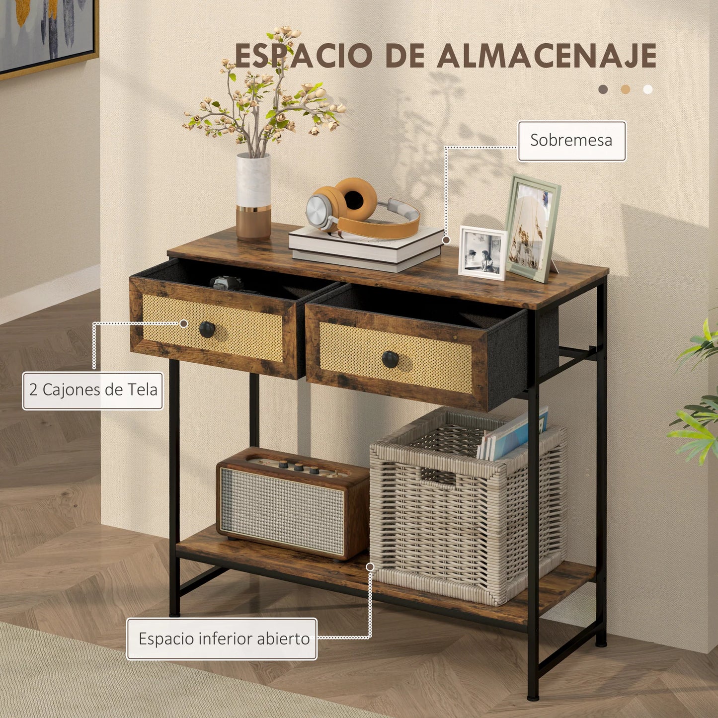HOMCOM Konsolentisch Flurtisch mit Offener Ablage und 2 Front-Rattan-Schubladen Flur Konsolentisch Flur 80x30x75 cm Rustik Braun
