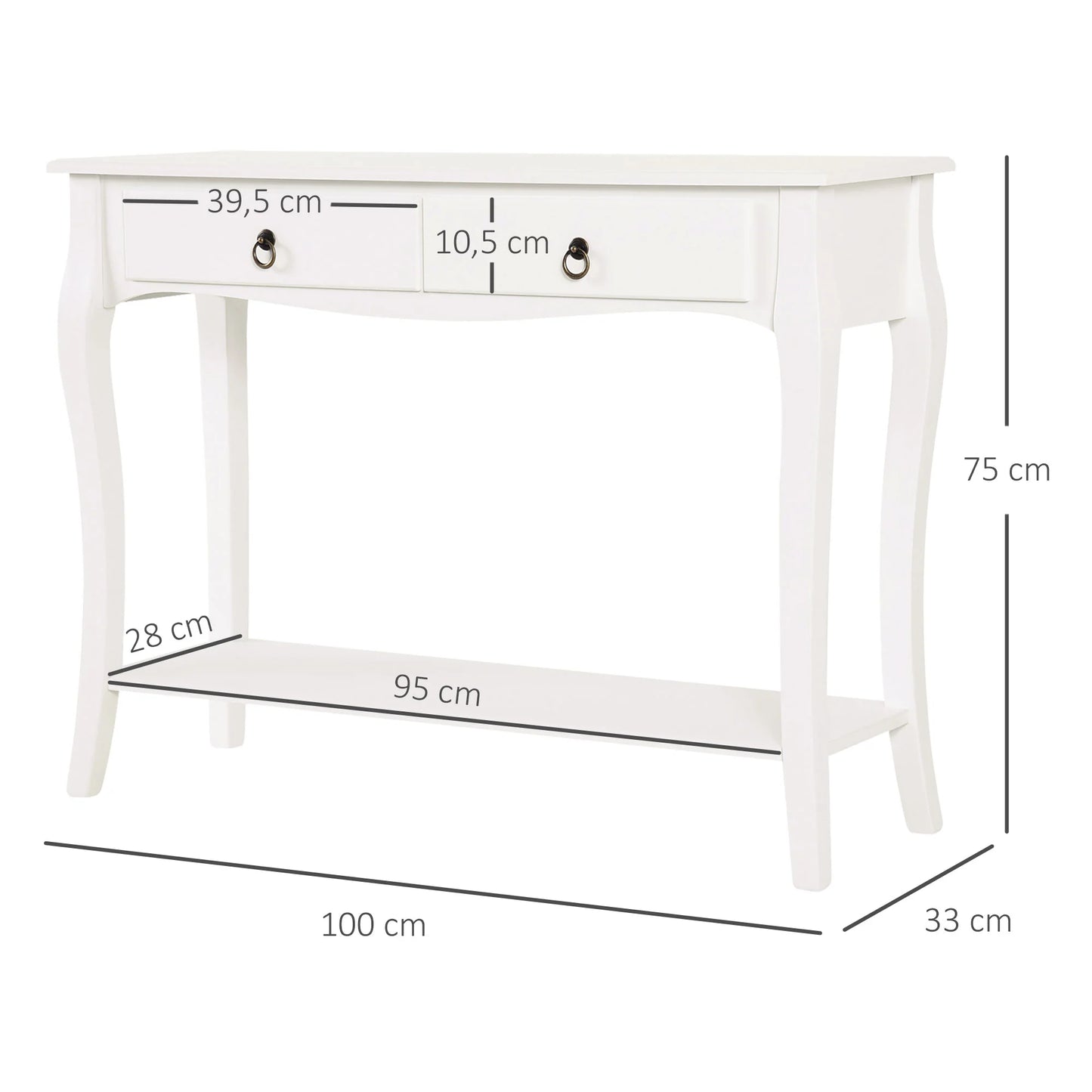 HOMCOM Konsolentisch Sideboard für Wohnzimmer und Flur, Akzenttisch mit Schubladen und Regal, elegantes Design 100x33x75cm Hochglanz Weiß