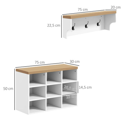 HOMCOM Garderobenständer und Schuhbank 2 in 1 Eingangsbereich Möbel mit 3 Haken und Regalen für 9 Paar Schuhe 75x30x50 cm und 75x20x22,5 cm Weiß