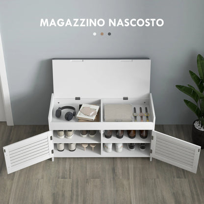 HOMCOM Schuhbank mit verstellbarem Innenregal in 3 Höhen, schlanke Schuhbank aus MDF mit Leinenbezug, 90x36x50 cm, Weiß und Grau
