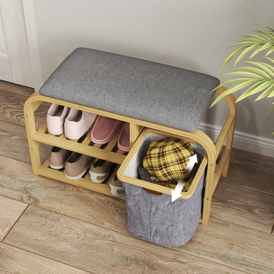 HOMCOM Schuhbank aus Bambus mit gepolsterter Sitzfläche, 2 Lattenregalen und schiebendem Stoffkorb, Flurbank für Flur, Schlafzimmer, 70x30x45cm, Naturholz