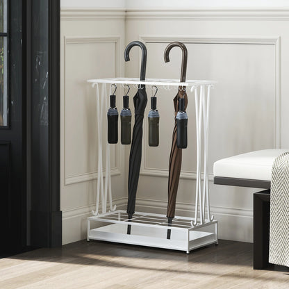 HOMCOM Moderner Rechteckiger Regenschirmständer aus Stahl mit 24 Haken, 21 Fächern und Abnehmbarem Tropfteller für Eingangsbereich und Büro 50x24x68 cm Weiß