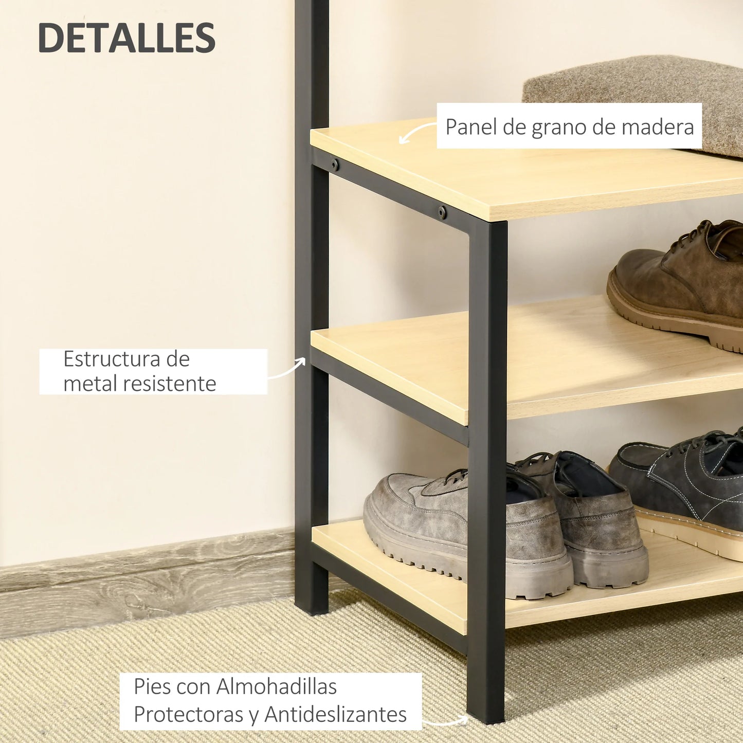 HOMCOM Garderobenständer mit Bank und Metall Schuhregal mit 3 Regalen und 4 Haken zum Aufhängen von Kleidung für Flur/Diele 60x40x175 cm Schwarz und Natur