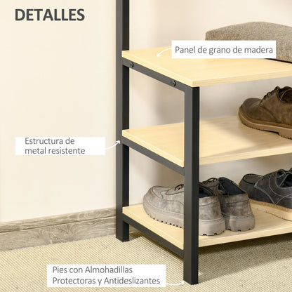 HOMCOM Garderobenständer mit Bank und Metall Schuhregal mit 3 Regalen und 4 Haken zum Aufhängen von Kleidung für Flur/Diele 60x40x175 cm Schwarz und Natur