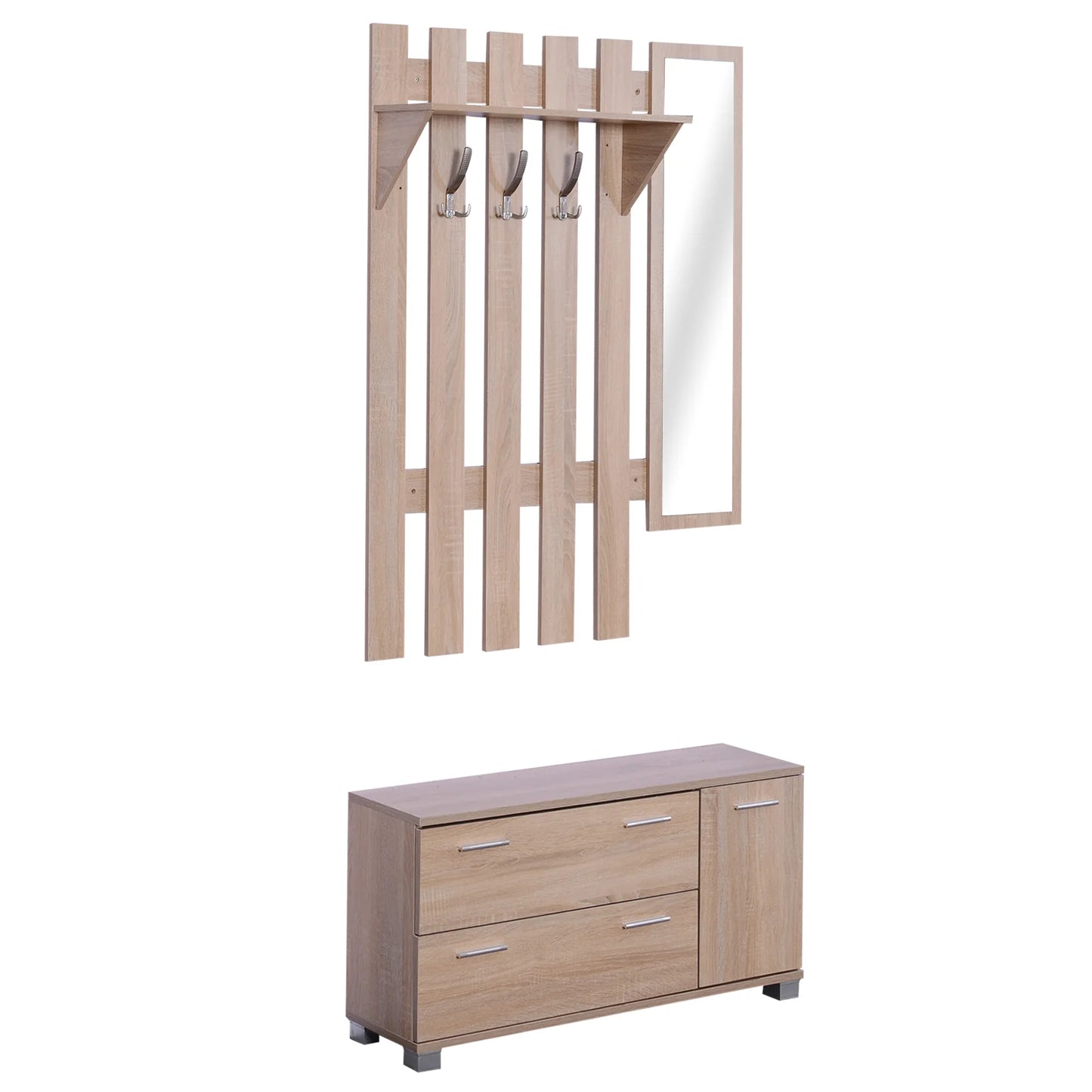 HOMCOM Flurset mit Spiegel, Garderobe und Schuhschrank – Eingangsmöbel mit 3 Haken, Ablage und 2 Schubladen für Flur Eiche