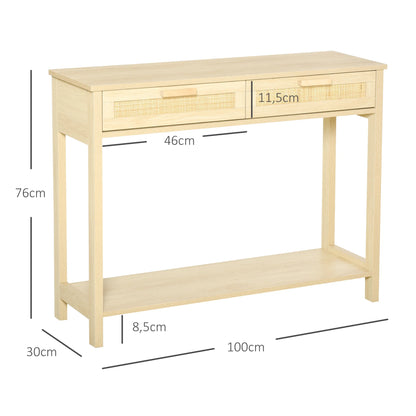 HOMCOM Konsolentisch Flurtisch mit 2 Schubladen Rattanoberfläche und unterem Regal für Flur Wohnzimmer Schlafzimmer Rustikaler Stil 100x30x76 cm Natur