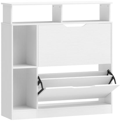 HOMCOM schmaler Schuhschrank mit 2 Klappen, offenen Fächern & verstellbarem Einlegeboden, 89 x 25 x 92 cm, Weiß