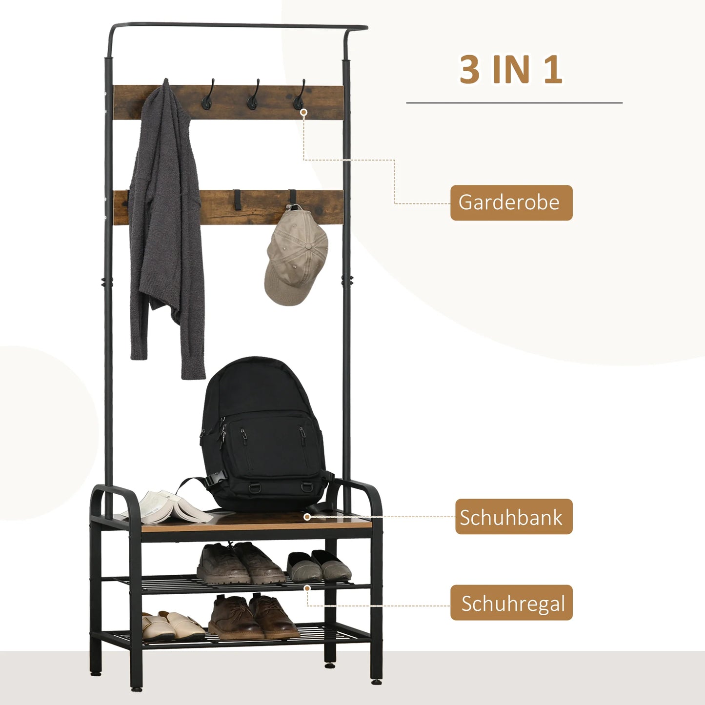 HOMCOM Kleiderständer Schuhregal mit 8 Haken und 2 Ablagen MDF Schwarz 72,8 x 34 x 182 cm