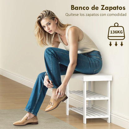 HOMCOM Bambus Schuhbank mit Sitz Schuhregal 3-stufiger Schuhorganizer für 6 Paar Schuhe für Flur Wohnzimmer Schlafzimmer 70x28x45 cm Weiß