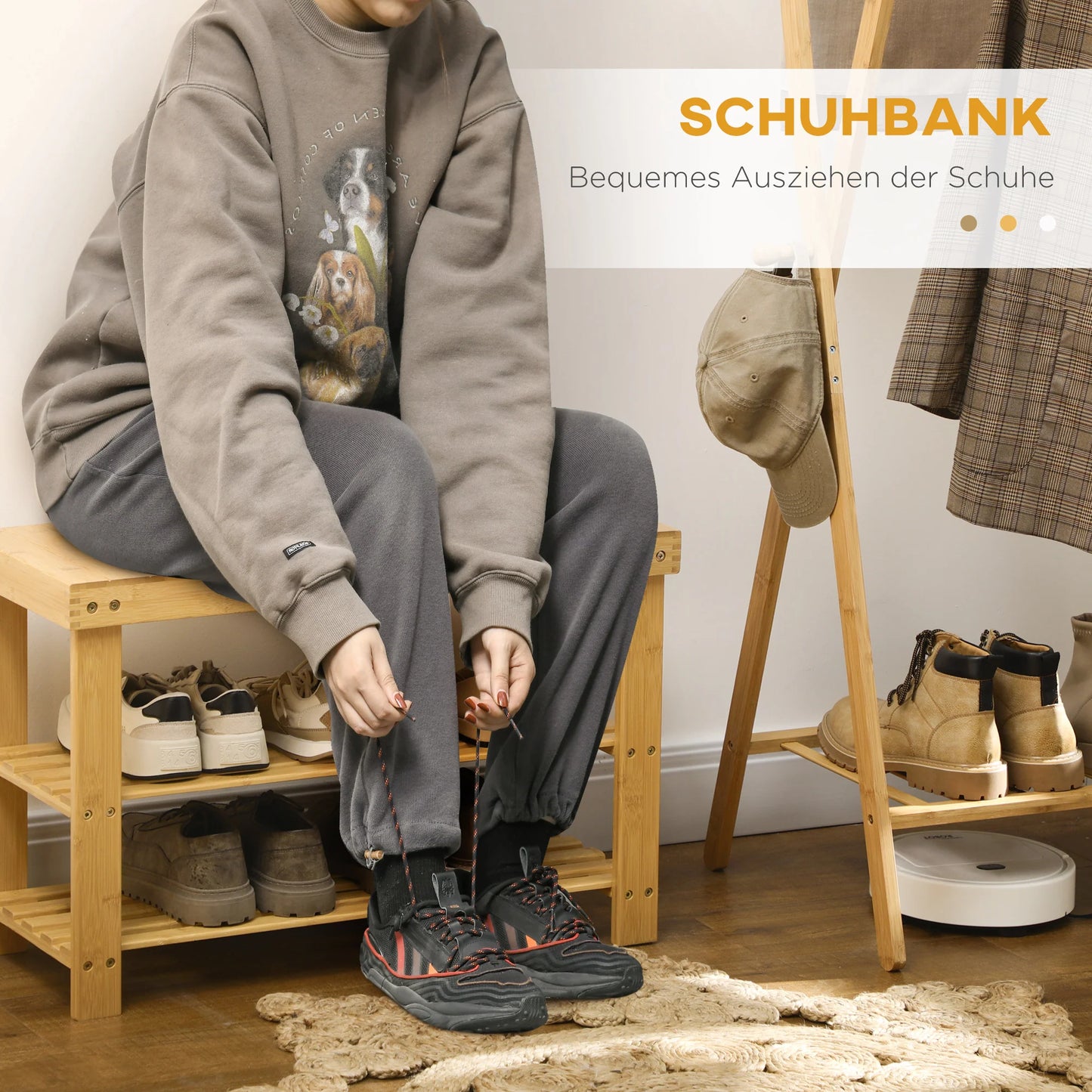 HOMCOM Schuhbank mit Sitzfläche, Bambus Sitzbank mit Stauraum, Schuhregal mit 2 offenen Fächern Garderobenbank für Wohnzimmer, Flur, 70 x 28 x 45 cm Natur
