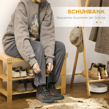 HOMCOM Schuhbank mit Sitzfläche, Bambus Sitzbank mit Stauraum, Schuhregal mit 2 offenen Fächern Garderobenbank für Wohnzimmer, Flur, 70 x 28 x 45 cm Natur