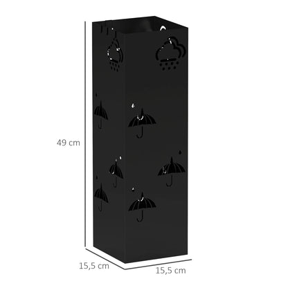 HOMCOM Regenschirmständer mit 4 Haken, abnehmbare Wasserauffangschale, dekorativer Regenschirmhalter für Sonnenschirme, Regentage & Gehstöcke, Stahl 15,5 x 15,5 x 49 cm Schwarz