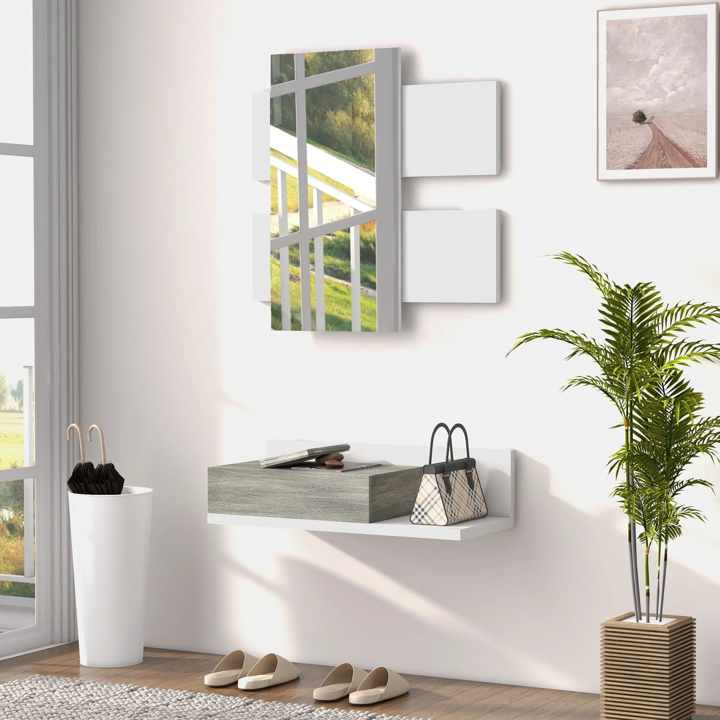 HOMCOM Flureinrichtungsset mit Spiegel und Schublade, Wandmontage, Moderner Stil 75x3,5x75 cm und 75x30,5x20 cm Grau und Weiß