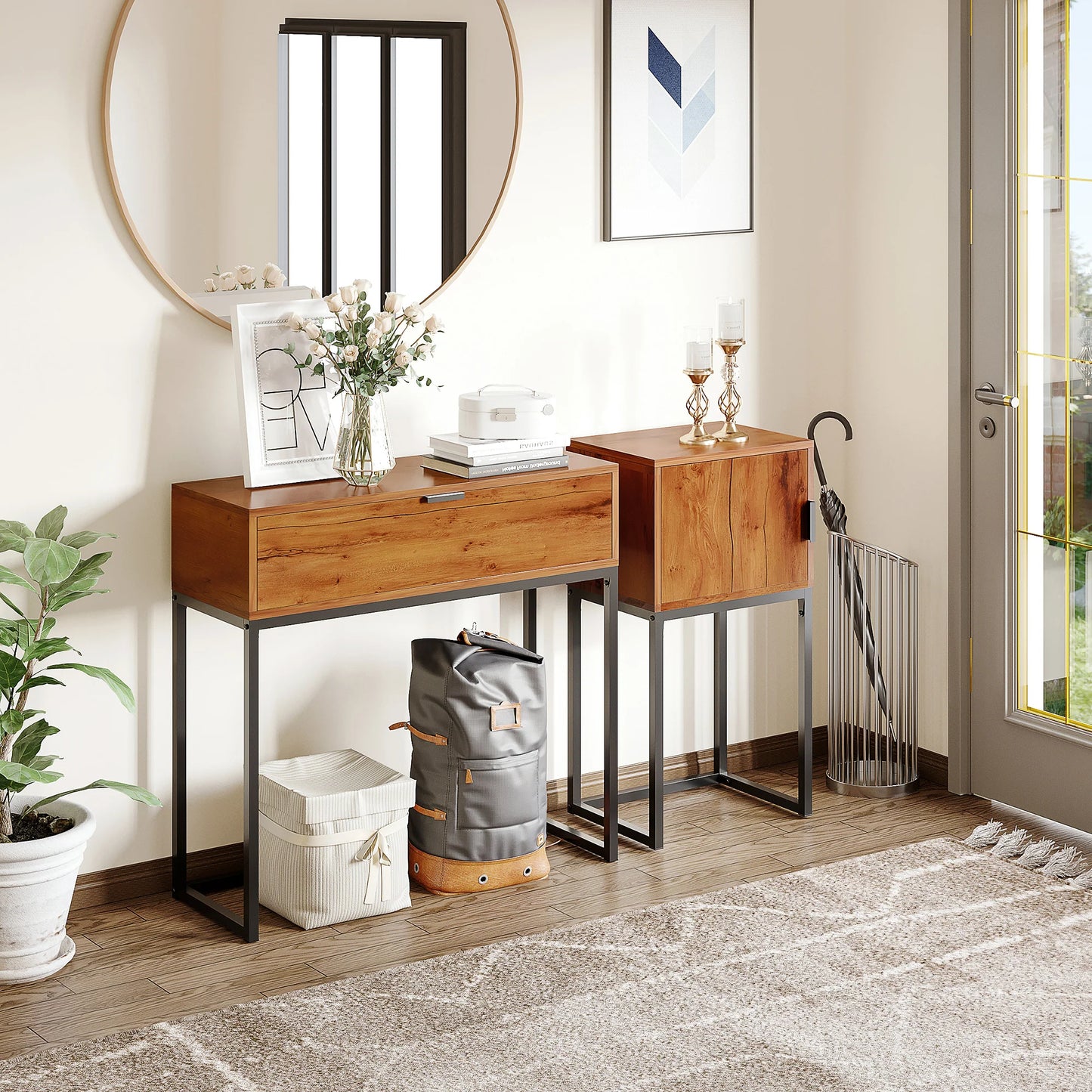 HOMCOM Konsolentisch mit Stauraum, Sofatisch im Industriedesign, Seitentisch für Flur, Wohnzimmer, Diele, Stahl, Braun, 80 x 30 x 76 cm